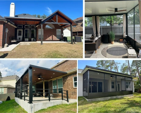 Screen enclosures and pergolas - four images of outdoor structures.