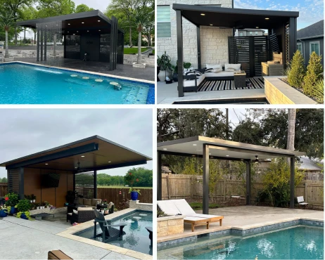 Pergolas in outdoor spaces - four images.